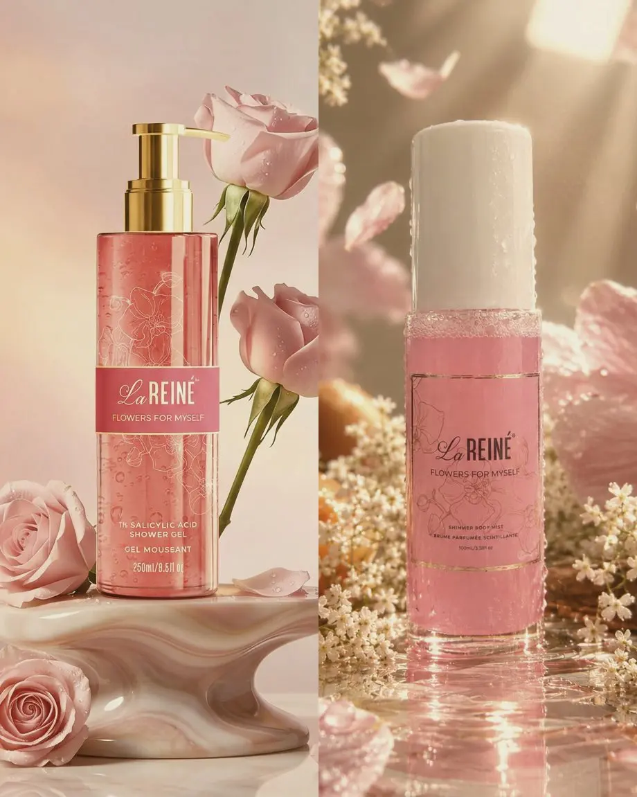 The Flowers for Myself shower gel beside the Flowers for Myself shimmer mist