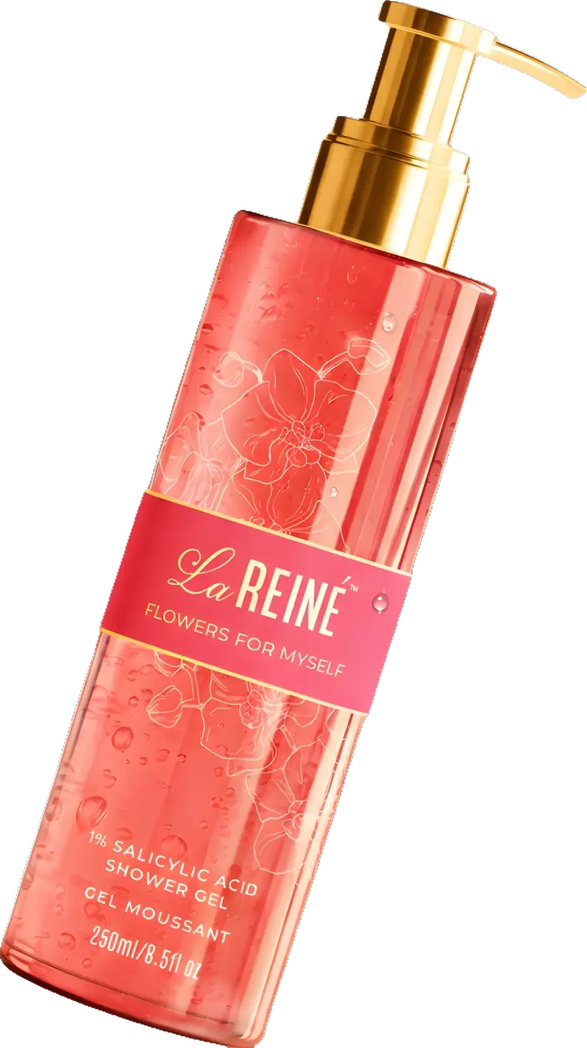 Flowers for Myself shower gel, a pink 250 ml bottle with a gold pump and an orchid line-drawing label