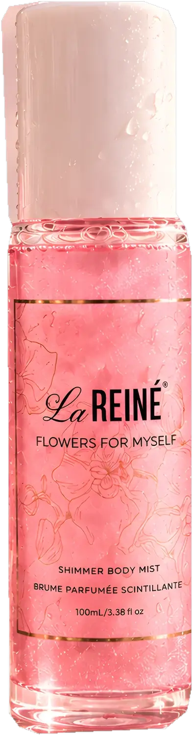 Flowers for Myself shimmer body mist, a pink 100 ml bottle with a white cap and a gold-ruled label