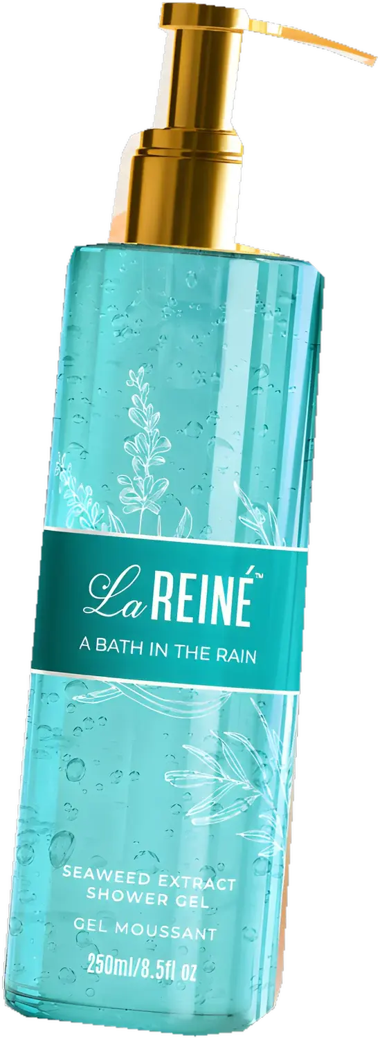 A Bath in the Rain shower gel, a turquoise 250 ml bottle with a gold pump and a seaweed line-drawing label