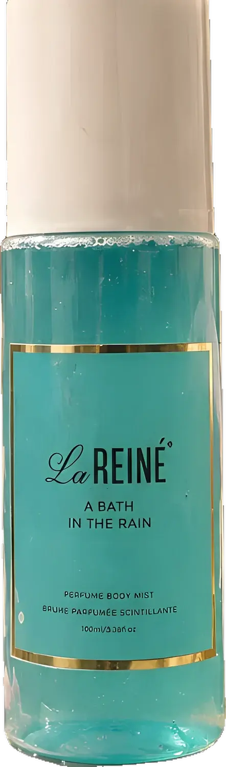 A Bath in the Rain shimmer mist, a turquoise 100 ml bottle with a white cap and a gold-ruled label
