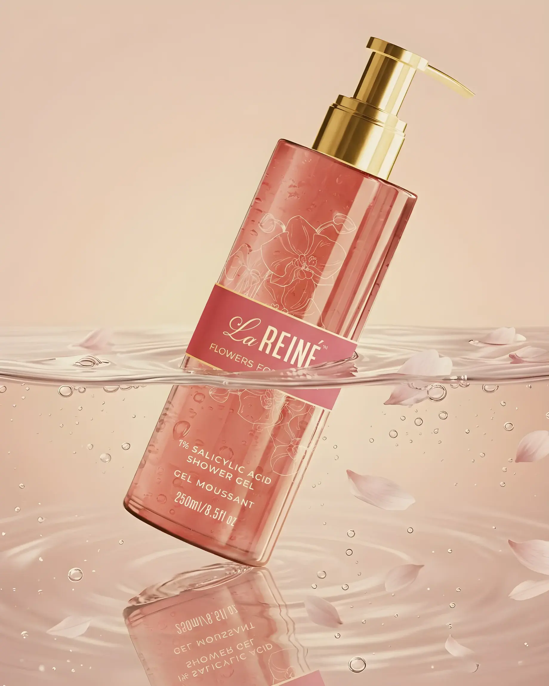 The Flowers for Myself shower gel tilted in pink water among drifting petals