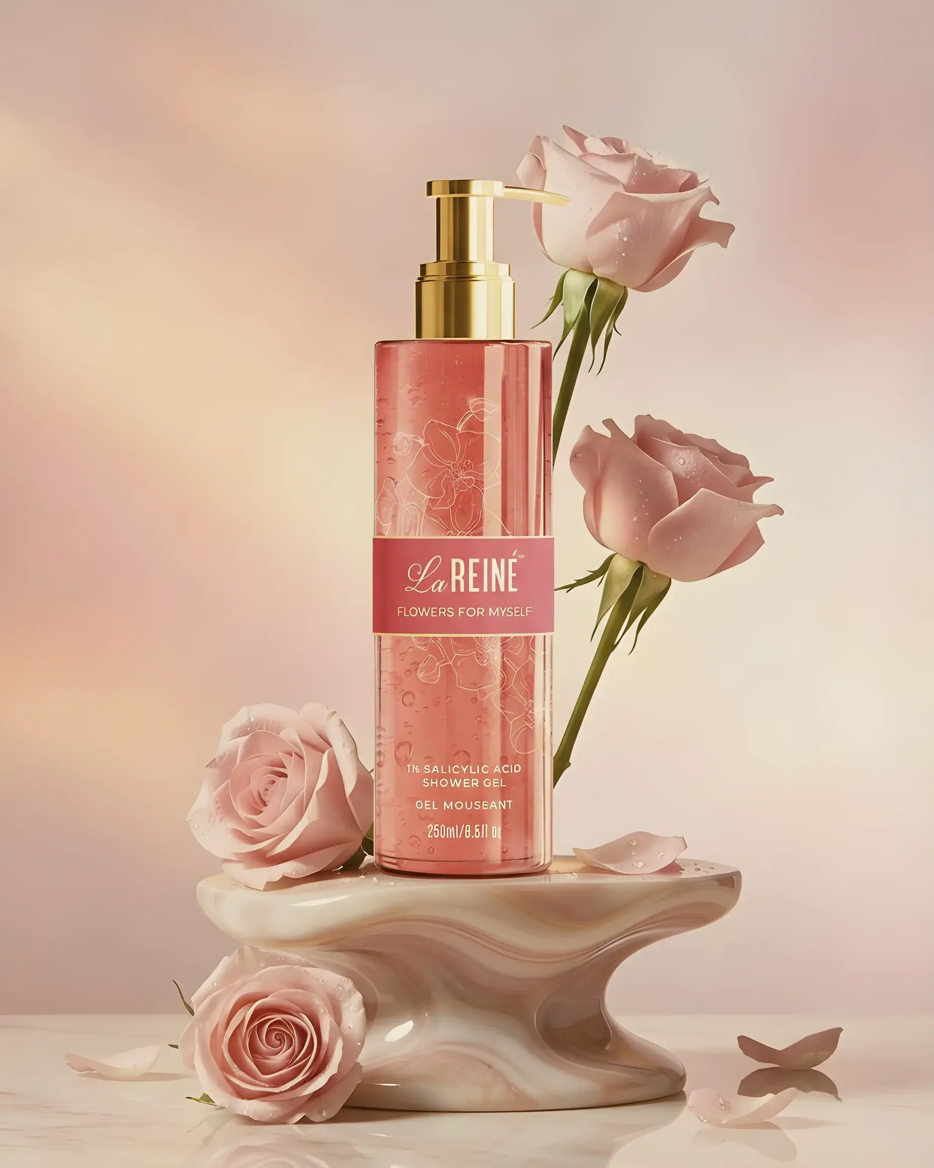The Flowers for Myself shower gel on a stone pedestal beside two pink roses