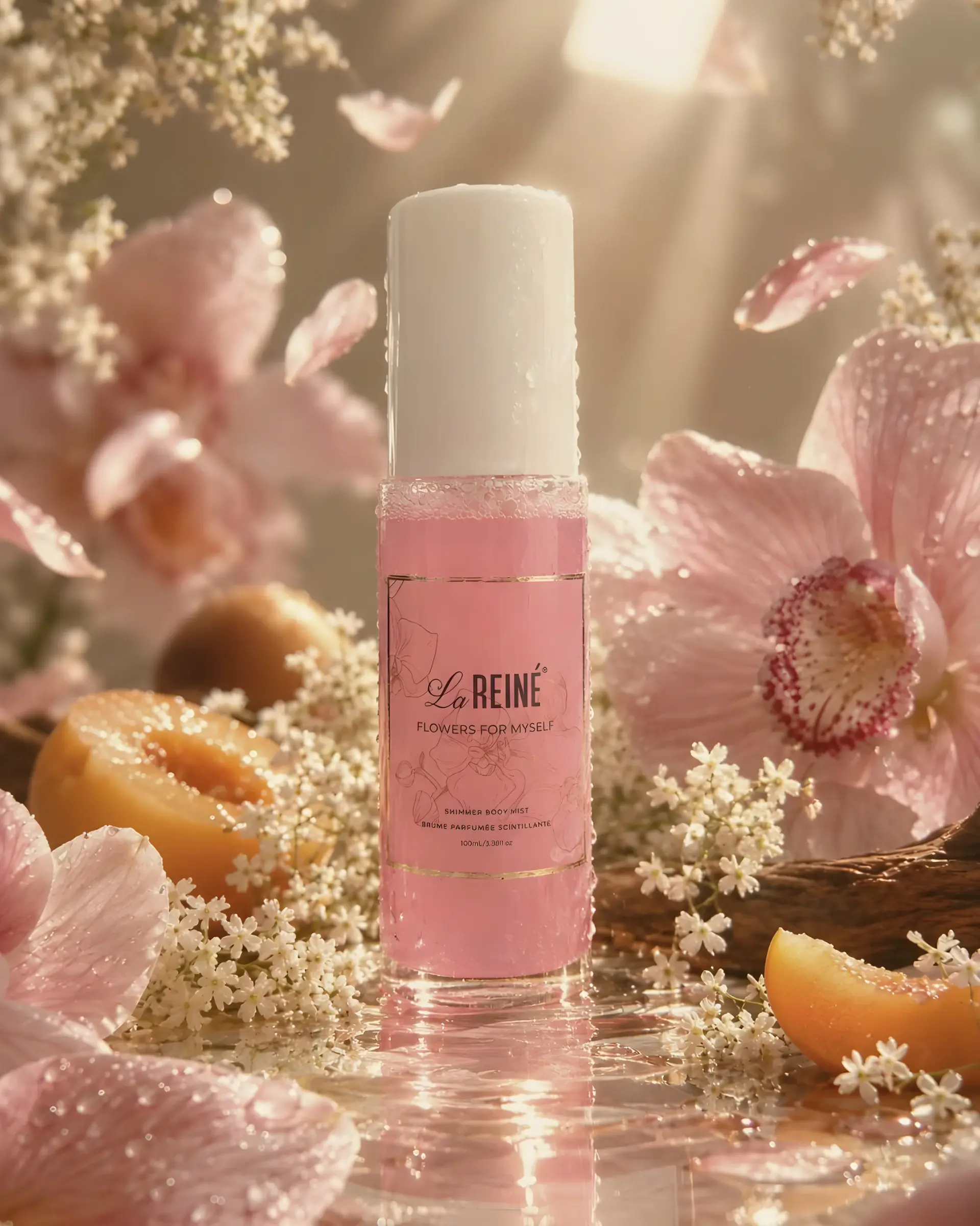 The Flowers for Myself shimmer mist among orchids, apricots and elderflower in warm light