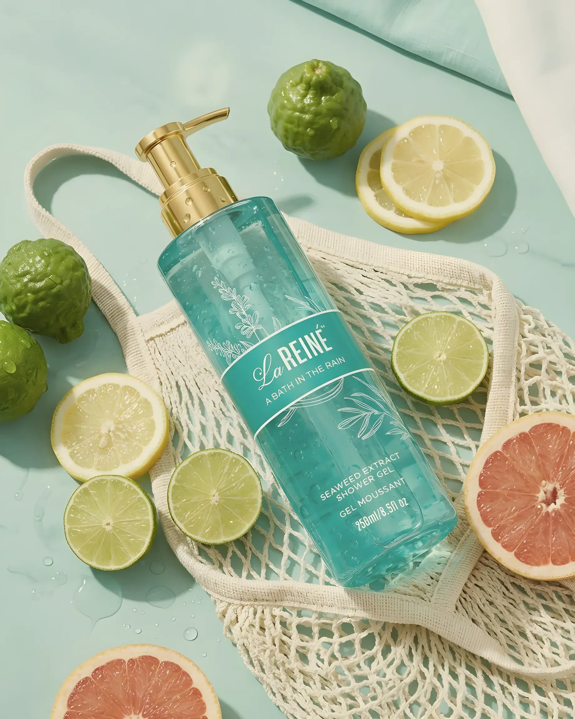 The A Bath in the Rain shower gel on a cotton mesh bag with lemon, lime and grapefruit