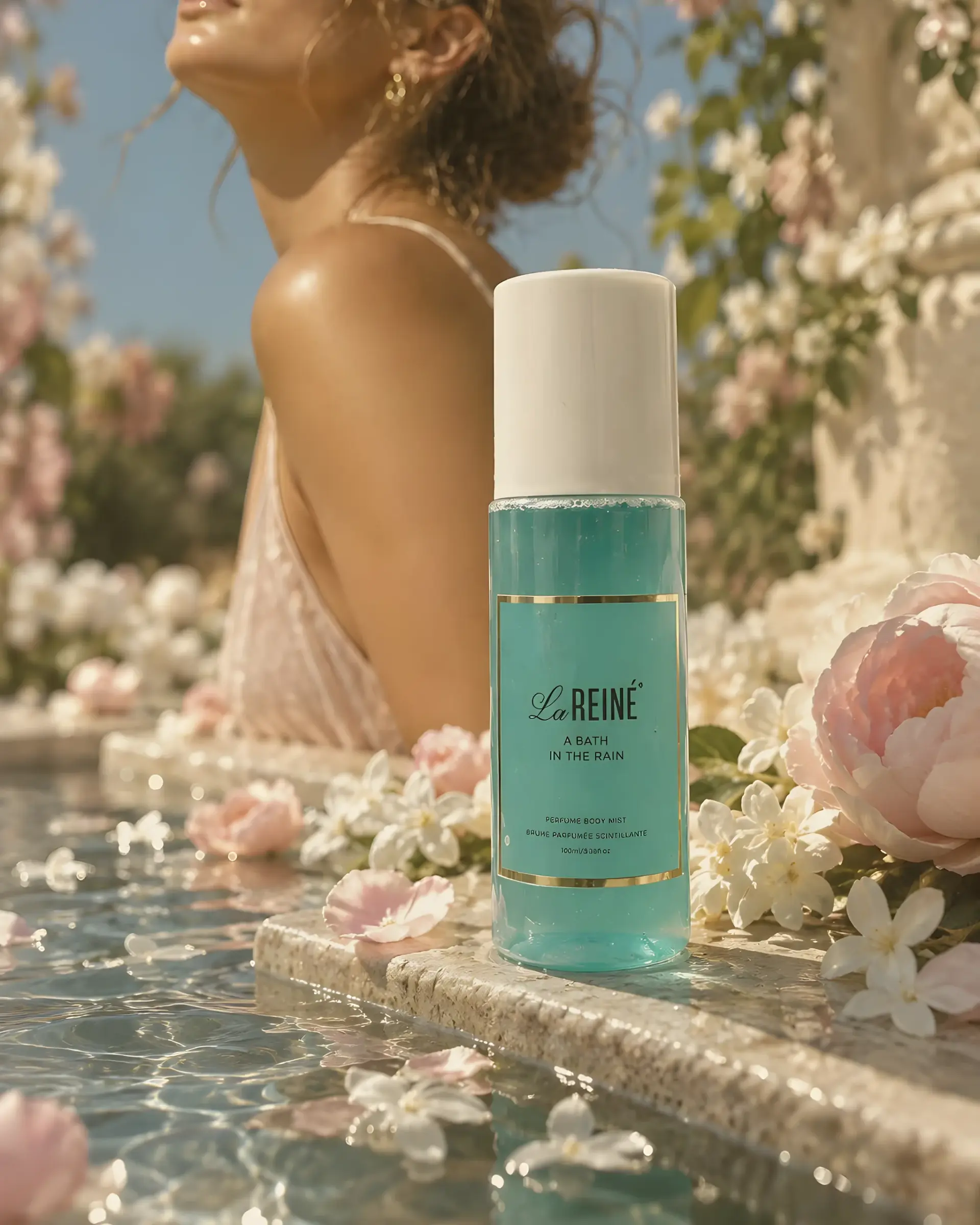 A woman turning her face to the sun by a garden pool, beside a bottle of A Bath in the Rain shimmer mist among peonies and jasmine