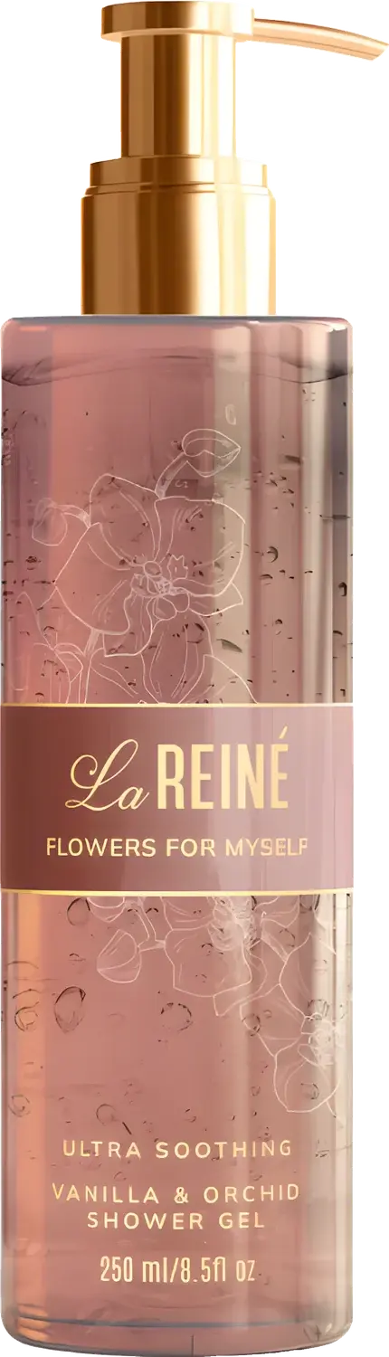 A render of the Flowers for Myself shower gel with its orchid line drawing