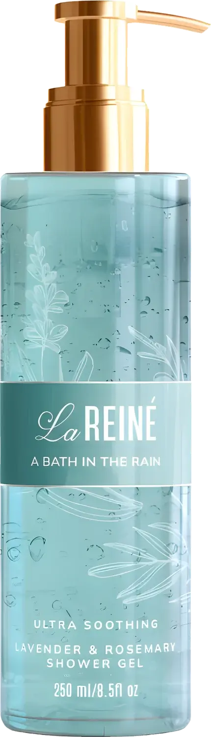 A render of the A Bath in the Rain shower gel with its lavender and rosemary line drawing