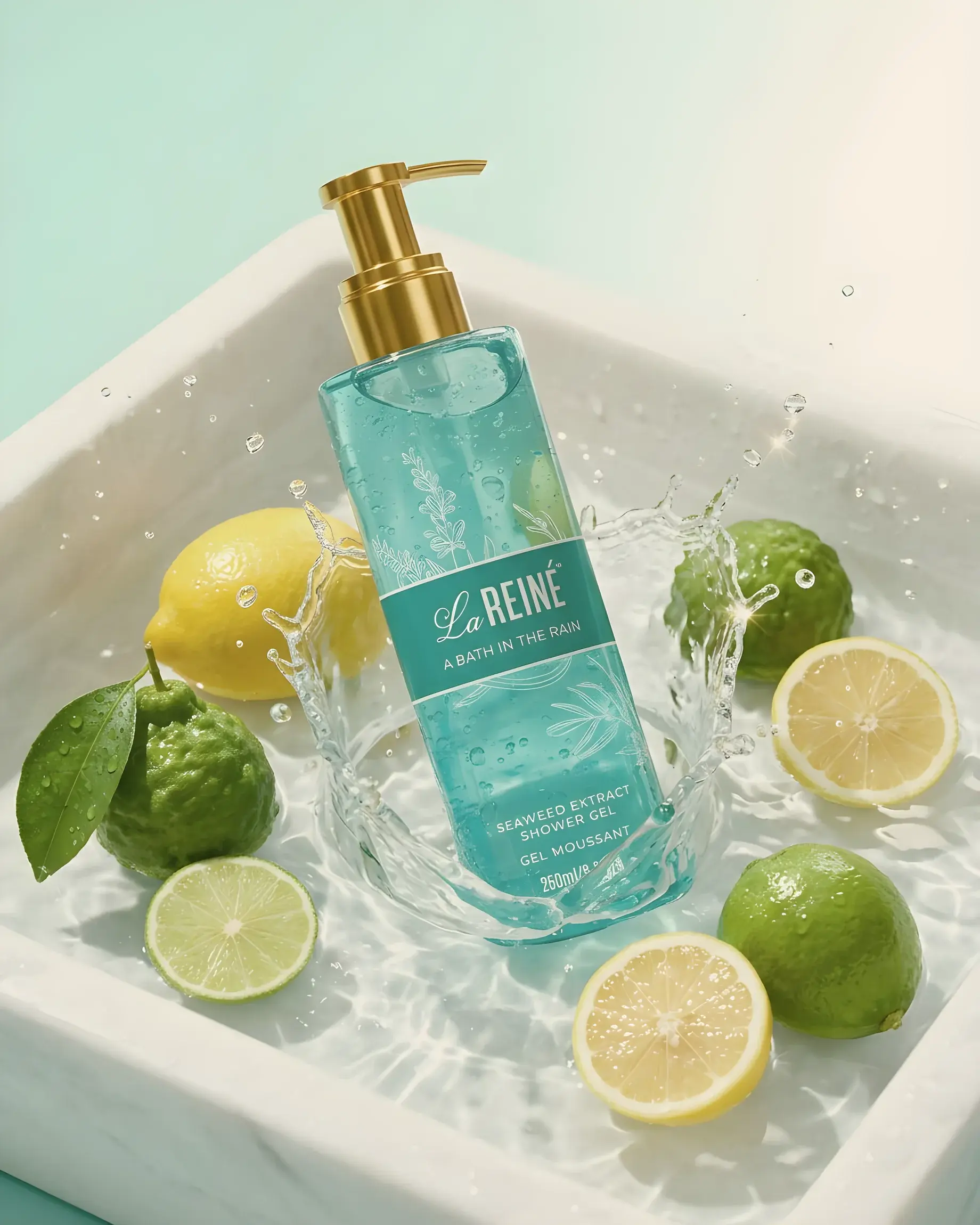The A Bath in the Rain shower gel splashing into a white basin with lemons and limes
